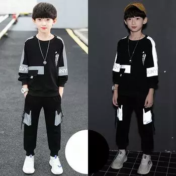 Детская одежда Осенние костюмы для мальчиков Корейская версия модного костюма из двух частей для больших мальчиков, сочетающегося по цвету, с длинными рукавами и светящимся свитером 170 чёрный