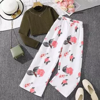 Детская одежда Осенний красный топ для девочек + принтованные штаны Детский костюм 3-12 лет Детская одежда 130cm/8Y красный