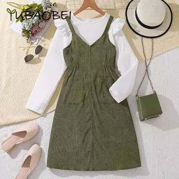 Детская одежда Осенний вельветовый комплект с юбкой на подтяжках и длинным рукавом, белый топ, зеленое платье, костюм для девочек 9Y зелёный