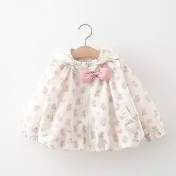 Детская одежда Пальто для девочек Весна и осень Детская детская одежда с бантом для девочки Мультфильм Медведь Большая шапка Верхняя одежда Детская осенняя одежда 80cm белый