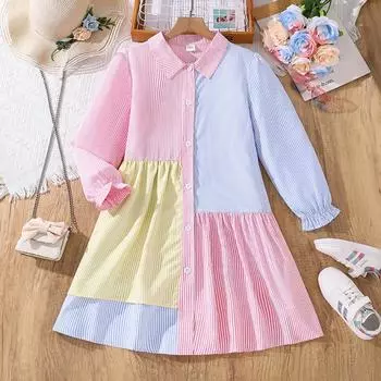 Детская одежда, платье для девочек 6–12 лет, осенняя новая полосатая юбка принцессы с длинными рукавами, популярная по цвету 130cm/8Y разноцветный