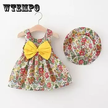 Детская одежда, платье для девочек, летнее детское платье принцессы на подтяжках, модное летнее платье для девочек, платье с шляпой и цветочным принтом 110