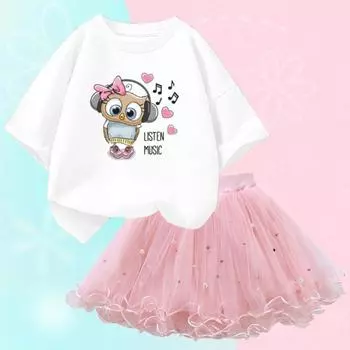 Детская одежда, подарок на день рождения, детская одежда для детей от 3 до 14 лет, комплекты одежды с милой совой для девочек, милая хлопковая футболка с рисунком + юбка, 2 шт. 6T(130cm)