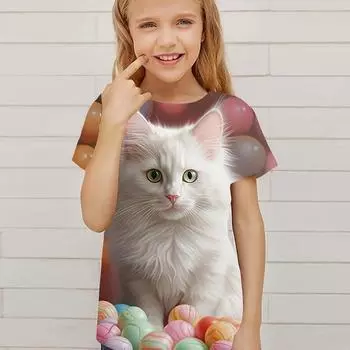Детская одежда Повседневная 3D кошка Графический короткий рукав Топы Футболка Детская одежда для девочек от 2 до 8 лет Лето Открытый 100