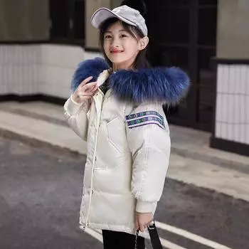 Детская одежда, пуховик для девочек средней длины, корейский стиль, детская новая свободная зимняя одежда с меховым воротником 110cm бежевый