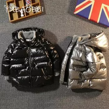 Детская одежда Пуховик из хлопка для мальчиков Зимнее теплое и толстое пальто Глянцевая верхняя одежда 150cm чёрный