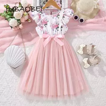 Детская одежда, розовое платье с цветочным принтом для девочек, модные повседневные сетчатые длинные платья с цветочным принтом для 8, 9, 10, 11, 12 лет 9Y розовый