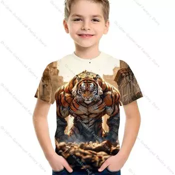 Детская одежда с 3D принтом тигра, повседневная детская футболка с круглым вырезом, футболки для мальчиков, летние детские топы с короткими рукавами для детей от 2 до 8 лет 170 золотой
