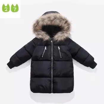 Детская одежда средней длины с хлопковой подкладкой, утепленное пальто с хлопковой подкладкой, детская зимняя одежда, пальто с меховым воротником 90cm чёрный