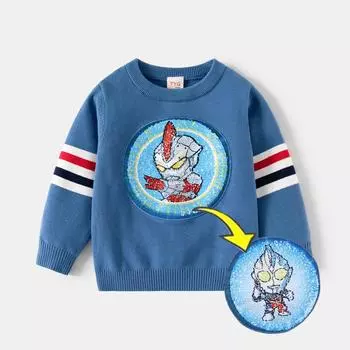 Детская одежда, свитера для мальчиков, осенние новинки, детский мультяшный топ с меняющими цвет блестками из однослойной хлопковой нити 100 лазурь