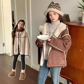 Детская одежда Теплое пальто Осень и зима Новый меховой цельный двухсторонний детский утолщенный топ 130cm коричневый