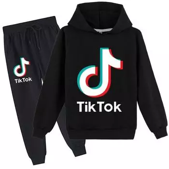 Детская одежда Tiktok, брюки с капюшоном и принтом, комплект из двух предметов, повседневный свитшот с капюшоном для подростков, костюм, спортивная одежда для мальчиков и девочек 170cm чёрный
