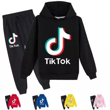 Детская одежда Tiktok, брюки с капюшоном и принтом, комплект из двух предметов, повседневный свитшот с капюшоном для подростков, костюм, спортивная одежда для мальчиков и девочек 170cm чёрный