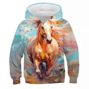 Детская одежда Толстовки для мальчиков с длинным рукавом Креативный 3D-принт лошади Детская весенне-осенняя одежда Повседневная стильная уличная одежда для мальчиков Топ 100