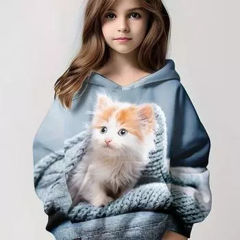 Детская одежда Толстовки с капюшоном Детский топ с длинным рукавом Повседневный 3D-принт с животными Модная одежда для девочек Лето-Осень Одежда для девочек 100