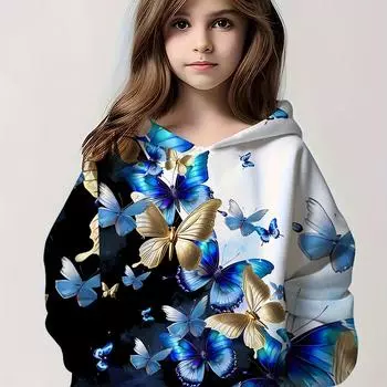 Детская одежда Толстовки с капюшоном для девочек с длинным рукавом Красивый 3D-принт с бабочками Детская весенне-осенняя одежда Повседневная уличная одежда для девочек Топы 100
