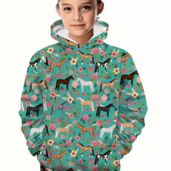 Детская одежда Толстовки с капюшоном для девочек с длинным рукавом и принтом в виде 3D-лошадей и животных Детская одежда на весну и осень Повседневная стильная одежда для мальчиков Топы 100