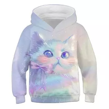 Детская одежда Толстовки с капюшоном для девочек с длинным рукавом, милый 3D-принт с кошкой, детская одежда на весну и осень, повседневная одежда Kawaii для мальчиков и девочек, верхняя одежда 100