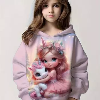 Детская одежда Толстовки с капюшоном для девочек с длинным рукавом и принтом из мультфильмов Детская одежда на весну и осень Повседневная милая одежда для девочек на открытом воздухе Топы-пуловеры 100