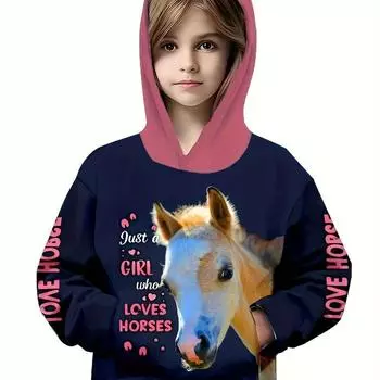 Детская одежда Толстовки с капюшоном для девочек с длинным рукавом и милым принтом лошади 3D Детская весенне-осенняя одежда Повседневная стильная одежда для девочек Верхняя одежда для активного отдыха 100