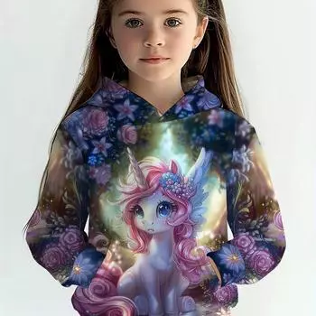Детская одежда Толстовки с капюшоном для девочек с длинным рукавом и принтом 3D-мультяшных животных Детская весенне-осенняя одежда Повседневная милая уличная одежда для девочек Верхняя одежда 100