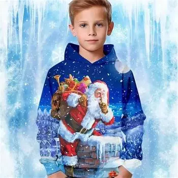 Детская одежда Толстовки с капюшоном для мальчиков с длинным рукавом 3D Рождественский принт Топы для девочек Детская одежда Весна-Осень Повседневная мода Детский пуловер 100