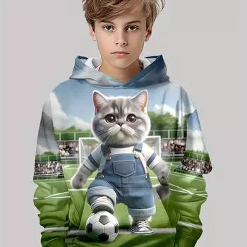 Детская одежда Толстовки с капюшоном для мальчиков с длинным рукавом Креативный 3D принт с котом Детская одежда на весну и осень Повседневная модная одежда для девочек 100