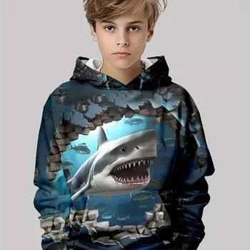 Детская одежда Толстовки с капюшоном для мальчиков с длинным рукавом и принтом акулы 3D Детская одежда на весну и осень Повседневная уличная одежда для девочек Топы 100