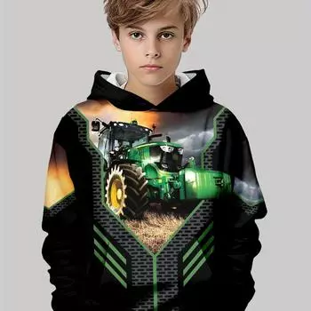 Детская одежда Толстовки с капюшоном с длинным рукавом Детская одежда для мальчиков Мультяшная детская мода Тракторы Принт Девочки Летняя одежда Топы для мальчиков 100