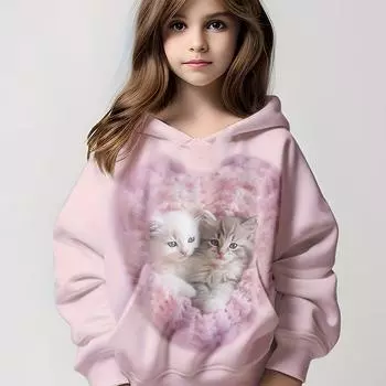 Детская одежда Толстовки с капюшоном с длинным рукавом с принтом мультяшного кота Осенняя детская одежда для девочек Kawaii Girl Top Outdoor Kids Girl Clothing 100