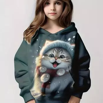 Детская одежда Толстовки с капюшоном с длинным рукавом с принтом мультяшного кота Осенняя детская одежда для девочек Kawaii Girl Top Outdoor Kids Girl Clothing 100