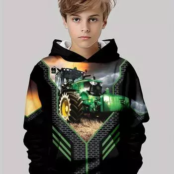Детская одежда Толстовки с капюшоном с длинным рукавом Детская одежда для мальчиков Мультяшная детская мода Тракторы Принт Девочки Летняя одежда Топы для мальчиков 100