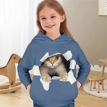 Детская одежда Толстовки с капюшоном с изображением кошек Верхняя одежда Пуловеры Одежда для девочек от 2 до 8 лет Весенняя мода 3D-принт Детские топы с длинными рукавами 100