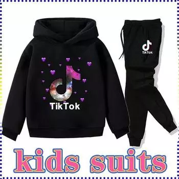 Детская одежда: толстовки с принтом Tik Tok + комплект штанов, повседневные толстовки с капюшоном, костюмы, спортивный костюм, подходит для мальчиков и девочек 170 чёрный