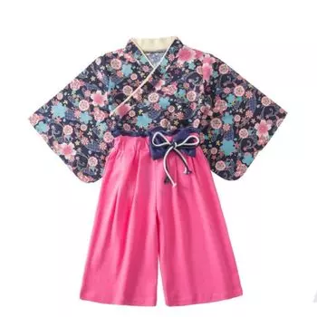 Детская одежда в стиле хакама, юката, японская одежда, комплект верха и низа, кимоно для девочек, милое детское платье юката, хакама, праздничная одежда с цветочным узором и бантом синий