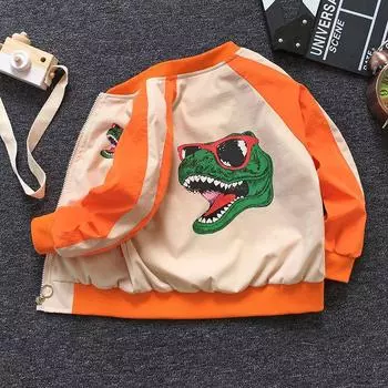 Детская одежда, верхняя одежда, детские ветровки с героями мультфильмов, пальто, весенне-осенние модные куртки с длинными рукавами и динозавром для мальчиков 130 жёлтый