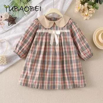Детская одежда, весенне-осеннее платье для девочек, клетчатые платья с лацканами и длинными рукавами, студенческая форма с бантом, повседневное платье для детей 100