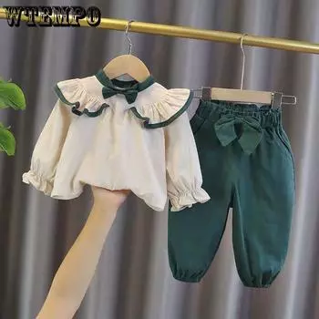 Детская одежда, весенне-осенняя одежда для девочек, костюмы, комплект из рубашек и брюк, комплект из двух предметов, рубашки с рюшами и галстуком-бабочкой 130