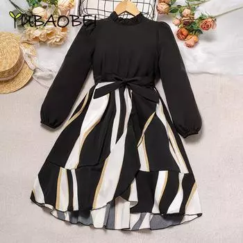 Детская одежда, весенние полосатые платья принцессы с длинными рукавами и длинными рукавами, модные платья с высоким воротником для девочек от 8 до 12 лет 9Y чёрный