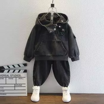 Детская одежда, весенний джинсовый комплект в стиле ретро для мальчиков, куртка с длинными рукавами + брюки, костюм из 2 предметов, одежда для маленьких мальчиков 2–12 лет 140 чёрный