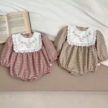 Детская одежда, весенний клетчатый комбинезон с вышивкой для маленьких девочек, одежда для девочек, милая треугольная одежда для восхождения 66cm
