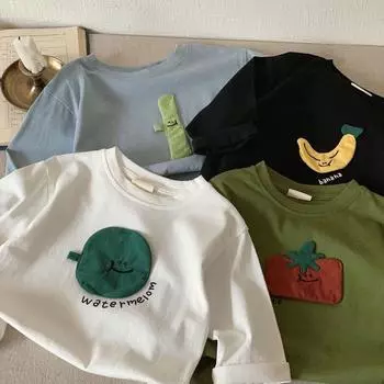 Детская одежда весна и осень, новая трехмерная футболка с длинными рукавами и рисунком фруктов 80cm синий