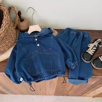 Детская одежда весна осень мальчики джинсовая толстовка с капюшоном и длинными рукавами брюки комплект 140cm синий