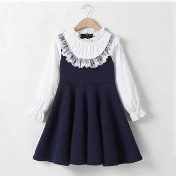 Детская одежда весна-осень платье для девочек с длинными рукавами и кружевом длинное платье принцессы в стиле преппи школьная форма платье 110 синий