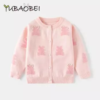 Детская одежда, вязаная куртка с длинными рукавами для малышей, топ для девочек, кардиган на пуговицах с рисунком кролика, свитер для 2, 3, 4, 5, 6, 7 лет 100 розовый