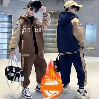 Детская одежда зима осень комплекты для мальчиков одежда для подростков утепленный комплект из двух предметов куртка с капюшоном пальто и брюки повседневная детская одежда 160cm темно-синий