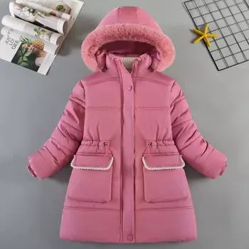 Детская одежда Зимние длинные пальто для девочек Куртки с хлопковой подкладкой Толстая верхняя одежда с капюшоном для детей Одежда для девочек 120 темно-розовый