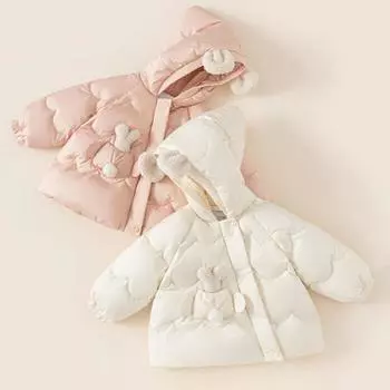 Детская одежда, Зимняя одежда для малышей, Новое поступление, Теплое пальто, Милые трехмерные ушки для девочек, Белая куртка с капюшоном на утином пуху 90cm розовый
