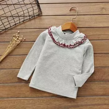 Детская однотонная кружевная рубашка с круглым вырезом, топы с длинными рукавами, футболка