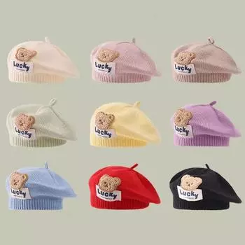 Детская однотонная вязаная шапка осенне-зимняя пряжа с медведем, берет, милая и стильная шапка-бини для девочек с рисунком из мультфильма фиолетовый